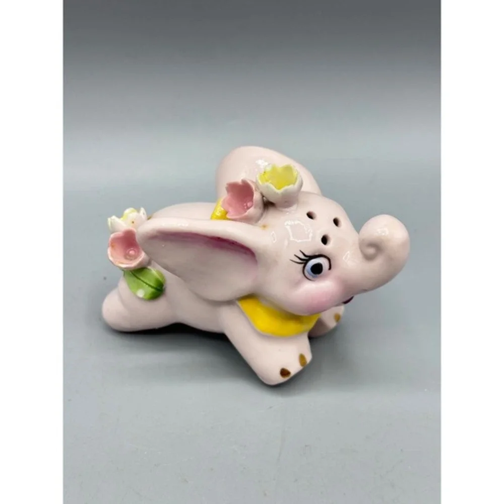 Vtg Pink Elephant Figurine‎ Floral Accent Hand Painted Ceramic Salt Shaker